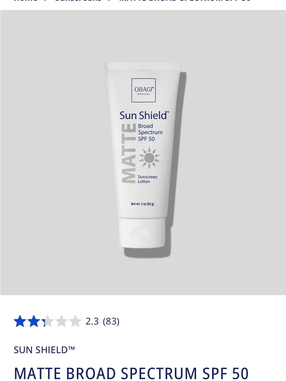Obagi Sun Shield Matte Broad Spectrum SPF 50 Sunscreen Lotion - White
